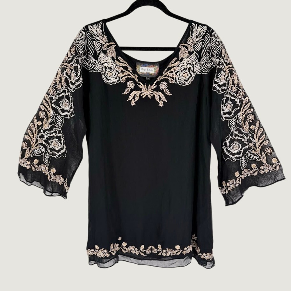 Vintage Collection Embroidered Tunic Top Size XL Black Floral Sheer Sleeves Boho
